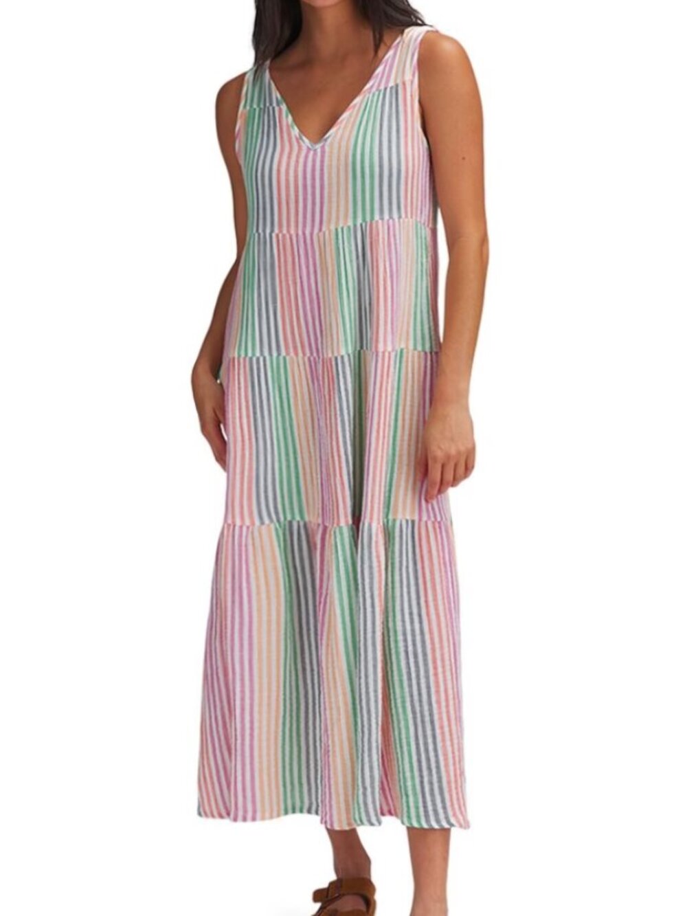 Marine Layer Corinne Striped Cotton Gauze Tiered Maxi Dress M NWT